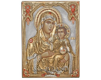 Virgin Mary Theotokos of Jerusalem Greek Orthodox Silver Icon 55x40cm (Gold Plated)