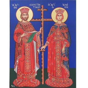 Saint Constantine & Saint Helen Wooden Icon - Greek Orthodox Byzantine Style Wall Hanging 24x18cm