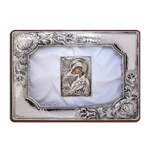 Silver Wedding Crown Case Forged Rectangle with Flowers and Silver Icon of Virgin Mary - Stefanothiki - Stefana Crown Case