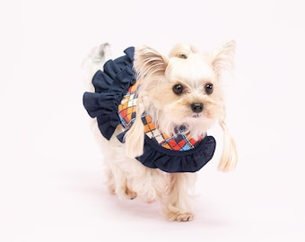 Blue Tartan Frill Dog Harness: Adjustable, No-Pull Puppy Harness
