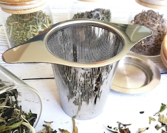 Colador de té para colgar en teteras, tazas, tazas para empinar té y café de hojas sueltas - Malla de infusor de té de acero inoxidable - Asas dobles