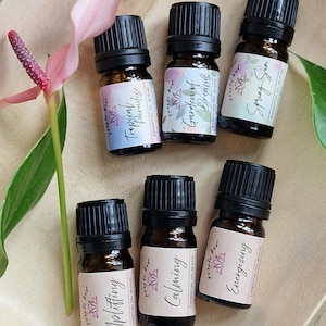 Può includere: Sei piccole bottiglie di vetro ambrato di oli essenziali con tappi neri ed etichette. Le etichette recitano "Tropical Paradise", "Garden of Dreams", "Spring Sun", "Uplifting", "Calming" e "Energizing". Un fiore rosa e foglie verdi sono sullo sfondo.