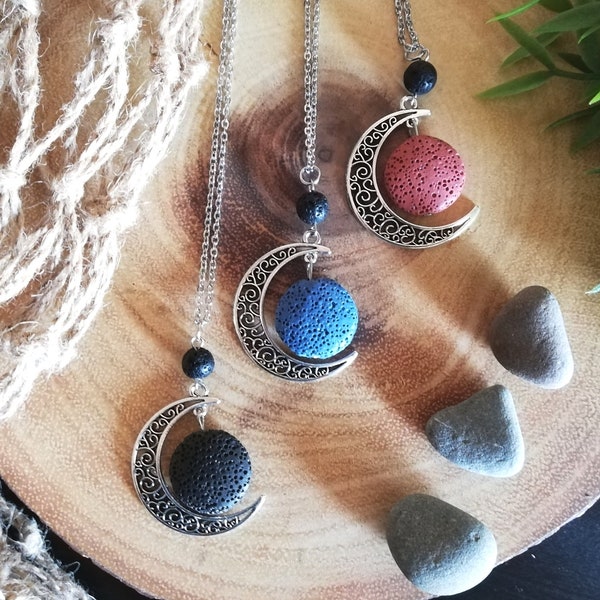 Crescent Moon Necklace Essential Oil Diffuser Aromatherapy - Lava Rock Stone - Gift for Girls Women Jewellery Birthday Christmas Blend