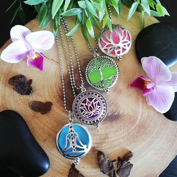 Lotus | Tree of Life | Chakra Essential Oil Diffuser Aromatherapy Necklace - Metal Locket Meditation - Oil Blend - Women Jewellery Christmas