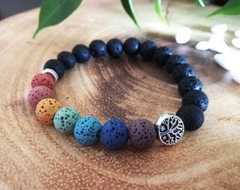 Lava Stone Bracelet Tree of Life | 8mm Colourful Seven Chakras & Black Lava Beads | Aromatherapy Essential Oil Inhaler | Yoga Jewellery