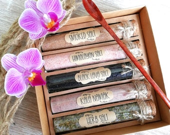 Gourmet Salt Collection Gift Set Box Sampler Pack of 5 Lava Salt/Kala Namak/Himalayan/Smoked Salt/Herbal Food Cooking Salt Mothers Day