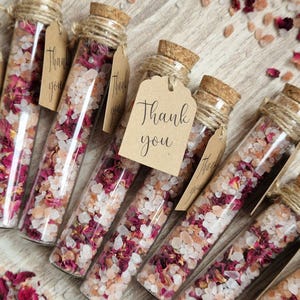 Custom Favour Bath Salt Glass Tubes | Rose Flowers, Himalayan & Dead Sea Salt