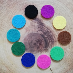 Può includere: Dieci cerchi di feltro in vari colori, tra cui blu, verde, giallo, rosa, viola, marrone e nero, disposti in cerchio su una superficie di legno.