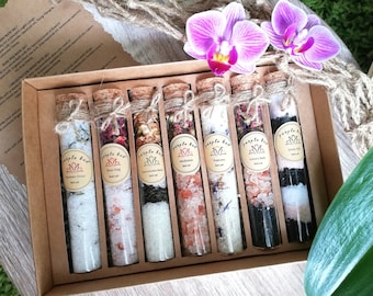 Bath Salt Luxury Collection 7 blends in Glass Tubes - Natural Soak - Dead Sea Salt Himalayan & Epsom Salt Essential Oils - Valentines Day