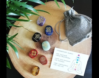 Seven Crystals 7 Chakra Stones | Engraved English Symbols | Polished Palm Stone | Balancing & Harmonizing | Interior Decoration