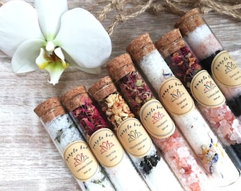 100% Natural Bath Salt Soak - Glass Test Sample Tubes - Salt / Dried Petals / Essential Oils - Spa Natural Skin Care Valentines gift