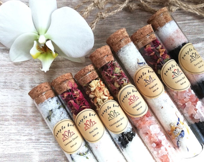 100% Natural Bath Salt Blend in Glass Tubes | Dried Petals & Essential Oils | Aromatherapy Mind and Body Care | Handmade Luxurious Gift