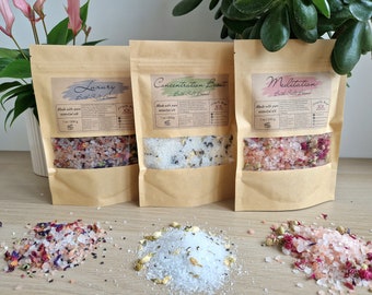 100% Natural Bath Salt Blends in Paper Bag of 200g or 1kg - Refill Pouch - Salt/Dried Petals/Essential Oils - Spa Natural Skin Care