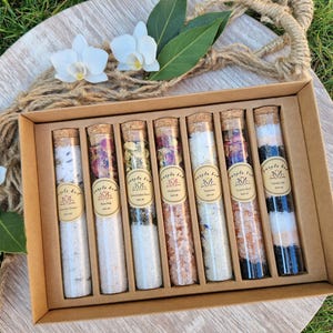 Bath Salt Luxury Collection 7 blends in Glass Tubes - Natural Soak - Dead Sea Salt Himalayan & Epsom Salt Essential Oils - Birthday gift