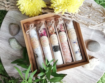 Bath Salt Luxury Collection 5 blends in Glass Sample Test Tubes - Pure Essential oils Natural Salt - Valentines Gift - Natural Soak Gift Box