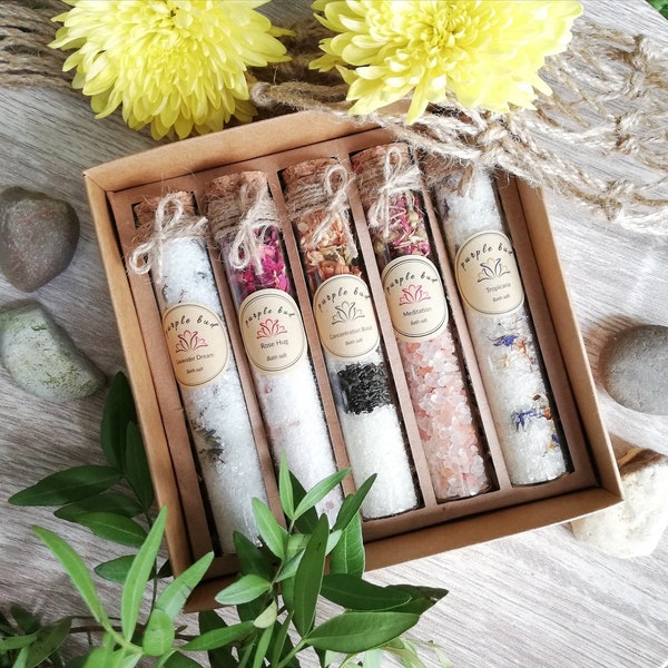 Badzout Luxury Collection 5 mengsels in glazen proefbuisjes - Pure etherische oliën Natuurlijk zout - Valentijnscadeau - Natural Soak Gift Box