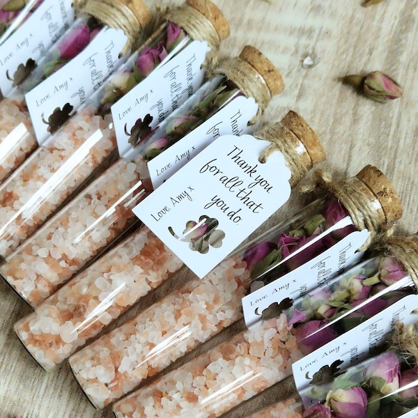 Teacher Small Personalised Gift | Rose Bath Salt Mini Favour | Eco-friendly Natural Spa Sample | Glass Vial Bath Salt Tube | Customised Tag