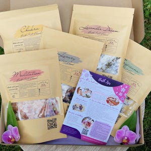 Misturas de sais de banho 100% naturais em saco de papel de 200g ou 1kg | Bolsa de recarga | Caixa de presente de spa | Cuidados com a pele com flores naturais | Banho de aromaterapia