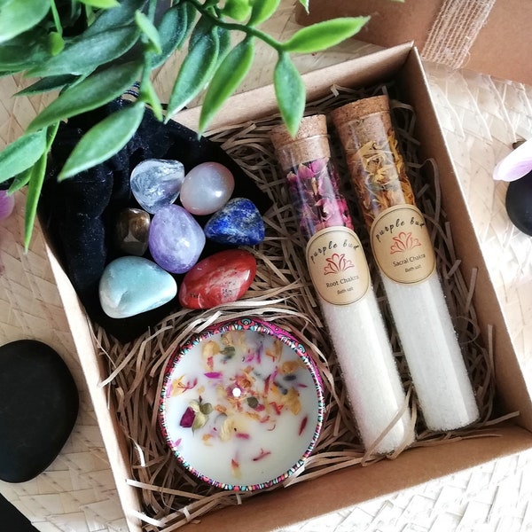 Chakra Meditation Gift Box - Healing Stones - Decoration Candle - Bath Salt Test Tubes - Yoga - Spa/Soak/Birthday/Bridesmaid/Mothers Day