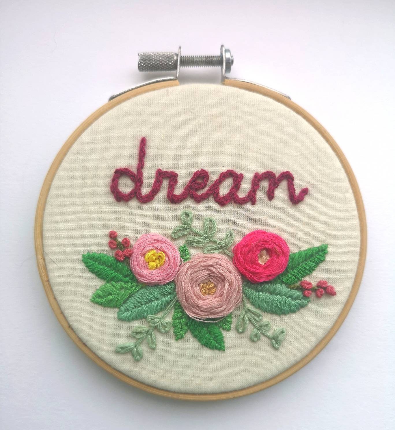Quote Embroidery Dream Pink Flowers Home Decor Gift idea