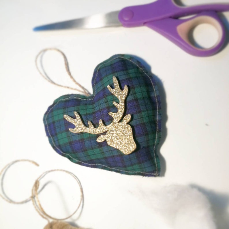 Tartan Christmas Hearts Gold Glitter Reindeer Country Christmas Decoration Tartan Love Heart Decoration