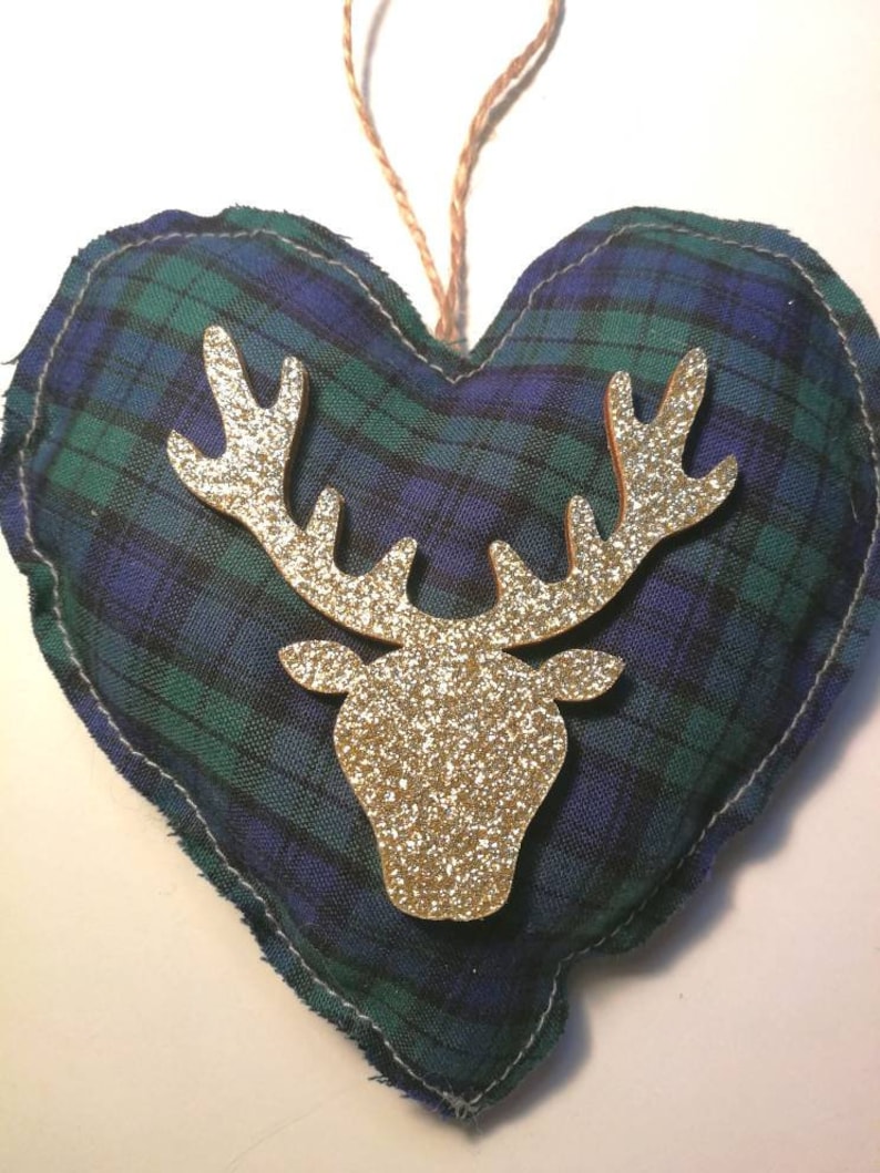 Tartan Christmas Hearts Gold Glitter Reindeer Country Christmas Decoration Tartan Love Heart Decoration