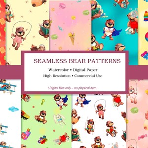 Peut inclure: Plusieurs motifs de nounours sans couture, de style aquarelle. Les motifs présentent des ours en peluche avec divers jouets et friandises, comme des cornets de glace, des macarons et des avions. Le texte de l'image indique "SEAMLESS BEAR PATTERNS, Watercolor, Digital Paper, High Resolution, Commercial Use."