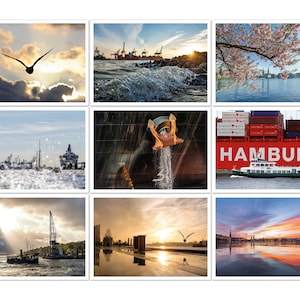 May include: A collage of nine photographs showcasing Hamburg harbour. The photos feature a variety of scenes, including a seagull flying over the water, a ship docked at the harbour, a close-up of a ship's anchor, a container ship with the word "HAMBURG" on the side, and a view of the city skyline from the water.