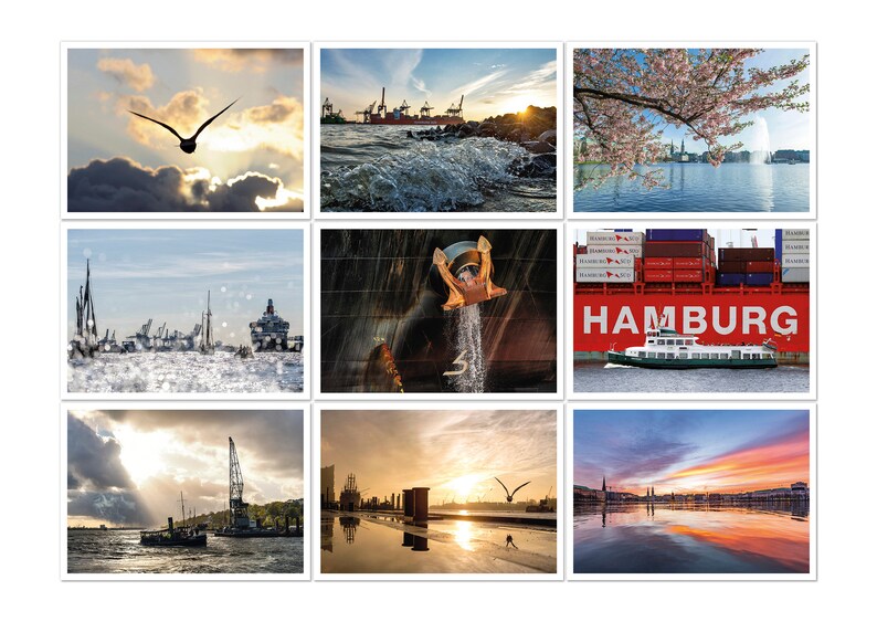 May include: A collage of nine photographs showcasing Hamburg harbour. The photos feature a variety of scenes, including a seagull flying over the water, a ship docked at the harbour, a close-up of a ship's anchor, a container ship with the word "HAMBURG" on the side, and a view of the city skyline from the water.