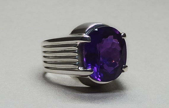 10 Carat Amethyst Sterling Silver Handmade Men's Ring