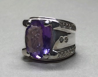 13 Carat Amethyst Sterling Silver Men's Ring - February Birthstone