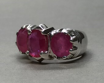 Handmade 11 Carat Ruby Ring: Sterling Silver Three Stone Oval Cut