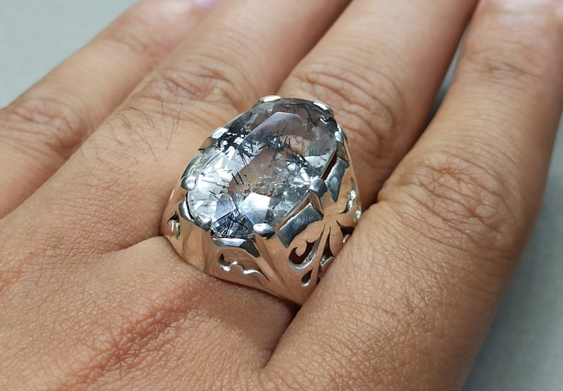 Natural Muh e Najaf Ring Black Quartz Sterling Silver 925 Handmade Ring Rutilated Quartz Anniversary Ring April Birthstone Ring For Him