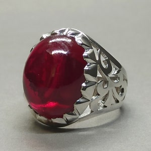20-karaats cabochon-robijnring: handgemaakte 925 sterlingzilveren herenring