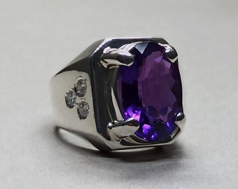 15 Carat Amethyst Sterling Silver Ring - Handmade February Birthstone