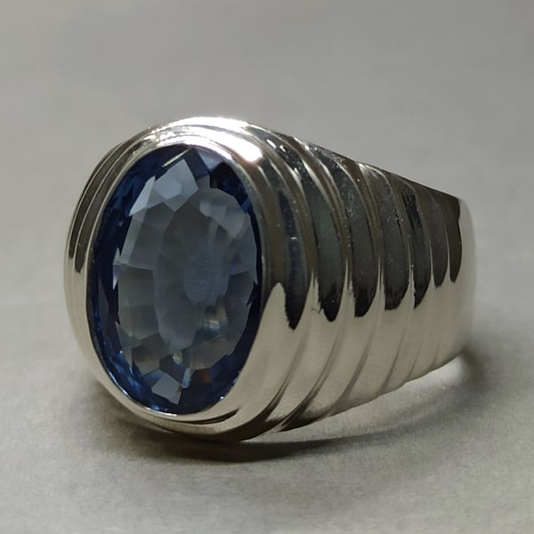 Handmade 10 Carat Oval Blue Topaz Ring: Sterling Silver Men's Ring