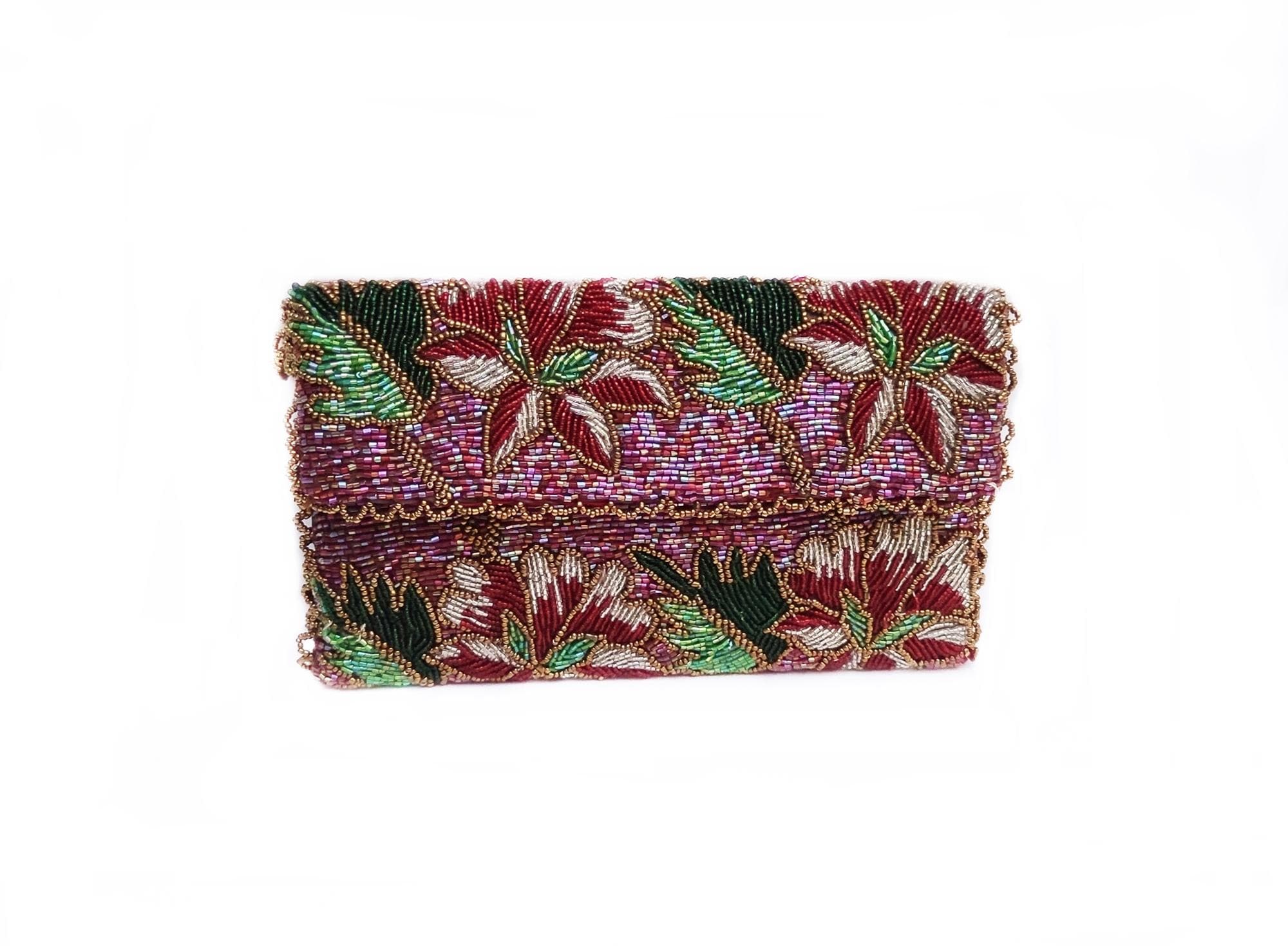 Shine Pink Floral Glass Beading Clutch Embellished Beaded