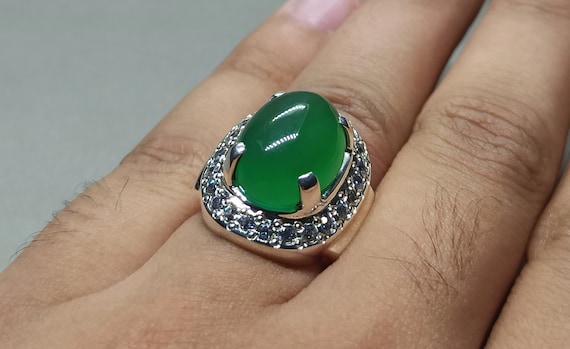 グリーンアゲートリング：ハンドメイド925スターリングシルバー、5月の