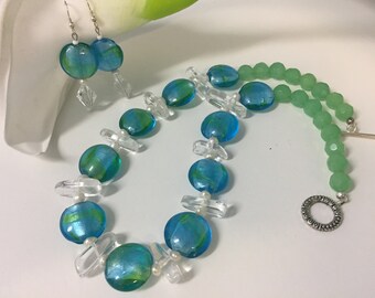 Murano glass and Clear Quartz Necklace with matching earrings, Beaded Glass-Quartz-Pearls handmade Necklace, Fashion Jewelry, Gift for Her.