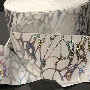 White Silver Hologram Glitter Animal Print Tick Tock Grosgrain Cheer Ribbon