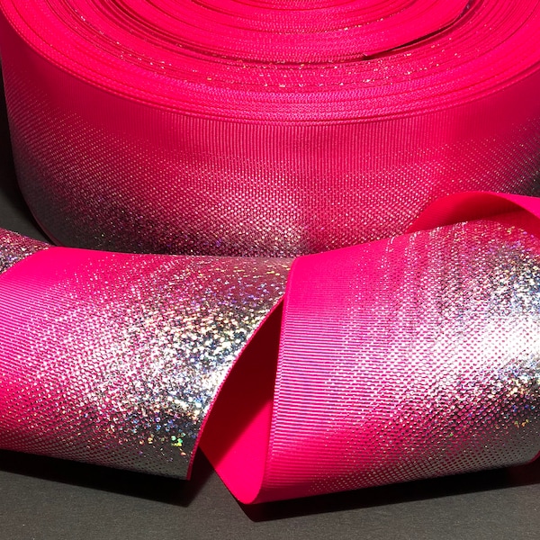 SILVER Shocking Pink Hologram Ombré Glitter Tik Tock Grosgrain Cheer Ribbon