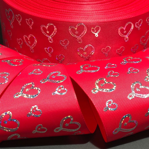 RED Hologram Glitter Heart Grosgrain Tik Tock Cheer Ribbon