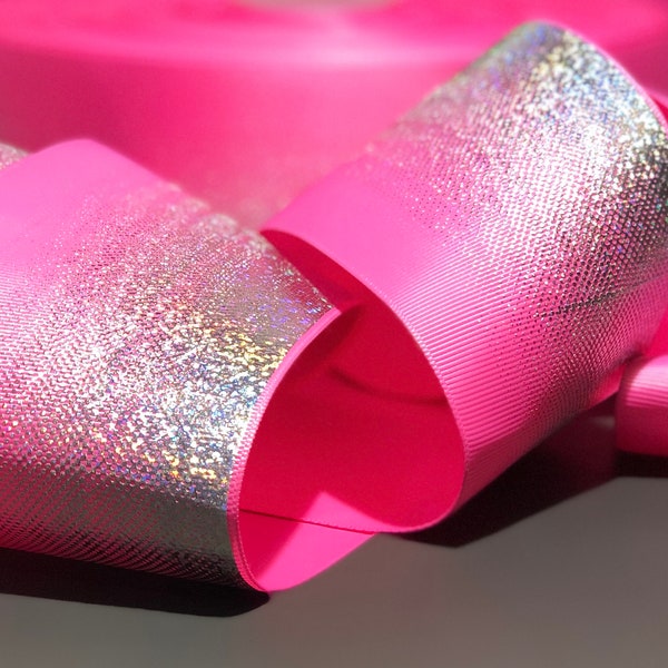 SILVER Hot Pink Hologram Ombre Bling designer grosgrain ribbon