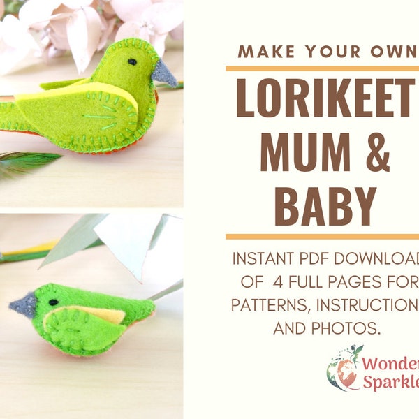 Digital Download- Felt Sewing Patterns: Rainbow Lorikeets Mum and Baby, Waldorf Steiner inspired - Instant Download