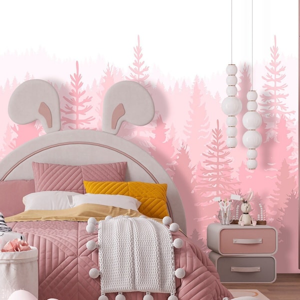 Pink Mountain Baby Girl Wallpaper, Pink Forest Wallpaper Mural Nursery Removable, Adventure Woodland Wallpaper Playroom Peel and Stick