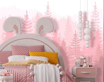 Pink Mountain Baby Girl Wallpaper, Pink Forest Wallpaper Mural Nursery Removable, Adventure Woodland Wallpaper Playroom Peel and Stick