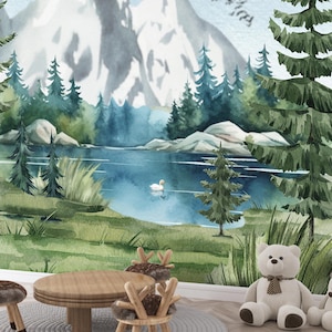 Green Forest Wallpaper Kids Room, Watercolor Pine Trees Mountain Wall Mural Nursery, Peel and Stick Nature Woodland Decor Baby Boy Girl Room