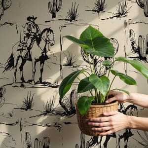 Western hand drawn wallpaper, vintage cactus living room pattern wall covering paper, removable cowboy kitchen wild west southwestern decor