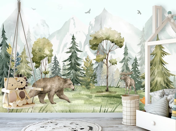Watercolor Animals Wallpaper for Toddler Nursery Removable Deer Wall Mural Adhesive Forest Wallpaper Peel & Stick Playroom Wallcovering