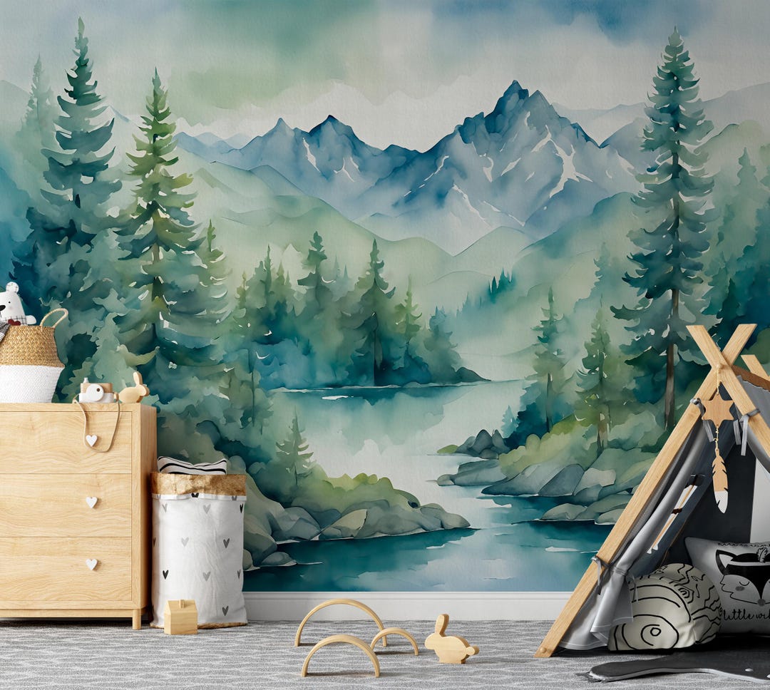 Watercolor Mountain Nursery Wall Mural, Teal Pine Forest Wallpaper Peel ...